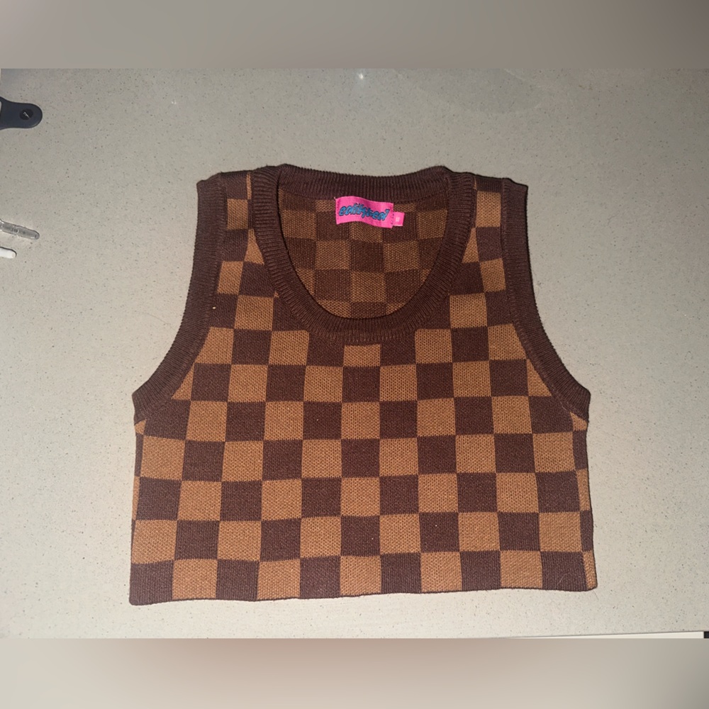 Edikted Women’s Crop Too Brown Checkered Stretch Knit Sz.XS